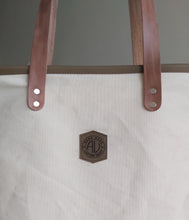 Load image into Gallery viewer, Canvas &amp; Leather Tote Bag handles and Logo close Up
