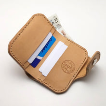 Load image into Gallery viewer, Natural Veg Tanned Leather Mini Biker Wallet inside view wich cash and cards
