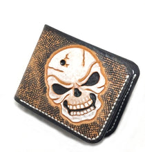 Load image into Gallery viewer, Veg Tan Leather Wallet with Skull carved, tooled, hand stitched bi-fold
