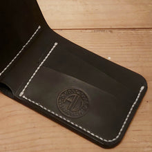 Load image into Gallery viewer, Veg Tan Leather Wallet with Skull carved, tooled, hand stitched bi-fold  inside logo
