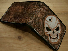 Load image into Gallery viewer, Veg Tan Leather Wallet with Skull carved, tooled, hand stitched bi-fold 
