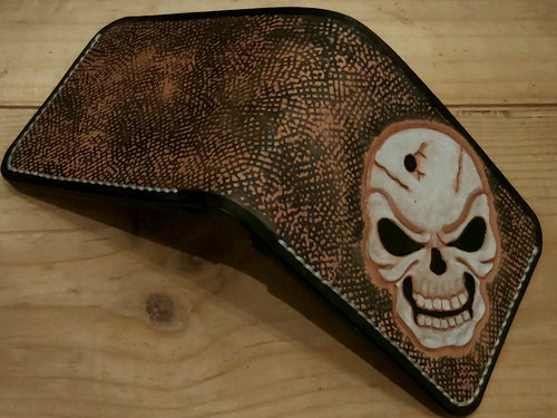 Veg Tan Leather Wallet with Skull carved, tooled, hand stitched bi-fold 