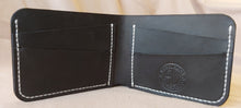 Load image into Gallery viewer, Veg Tan Leather Wallet with Skull carved, tooled, hand stitched bi-fold  inside open view
