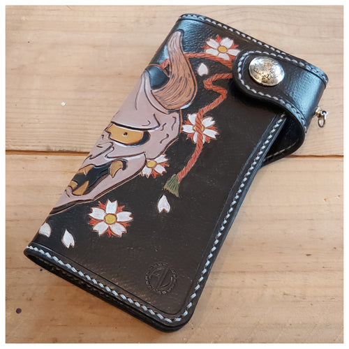 Hannya Mask Leather Biker Wallet Hand Tooled outside close view