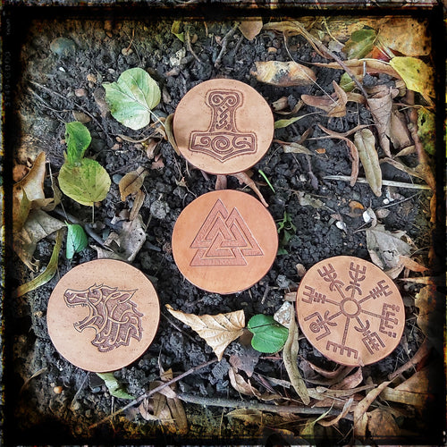 Hand carved set of four Viking theme beer coasters with stand
