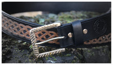 Load image into Gallery viewer, Vegetable Leather Viking Belt With Carved Fenrir Wolf brass Bucle close up 
