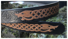 Load image into Gallery viewer, Vegetable Leather Viking Belt With Carved Fenrir Wolf close up 
