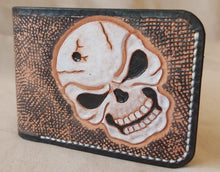 Load image into Gallery viewer, Veg Tan Leather Wallet with Skull carved, tooled, hand stitched bi-fold close up 

