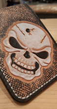 Load image into Gallery viewer, Veg Tan Leather Wallet with Skull carved, tooled, hand stitched bi-fold  close up
