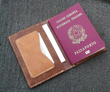 Load image into Gallery viewer, Hand Stitched Leather Passport Wallet with 2 Card Slots inside shot
